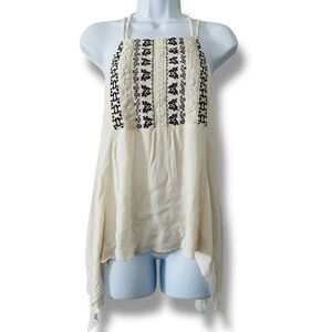 Maurices Flowy Halter Top Medium Cream Black Embroidery Asymmetrical Cross Strap